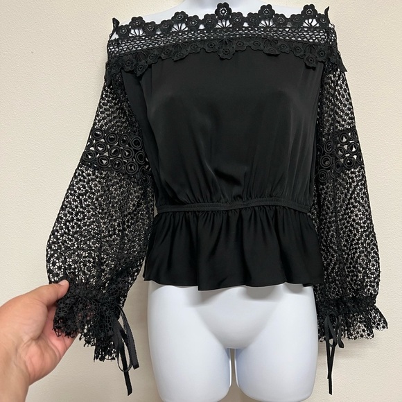 Self Portrait Womens Black Silk Blend Floral Lace Off The Shoulder Blouse US 6 - Picture 4 of 10